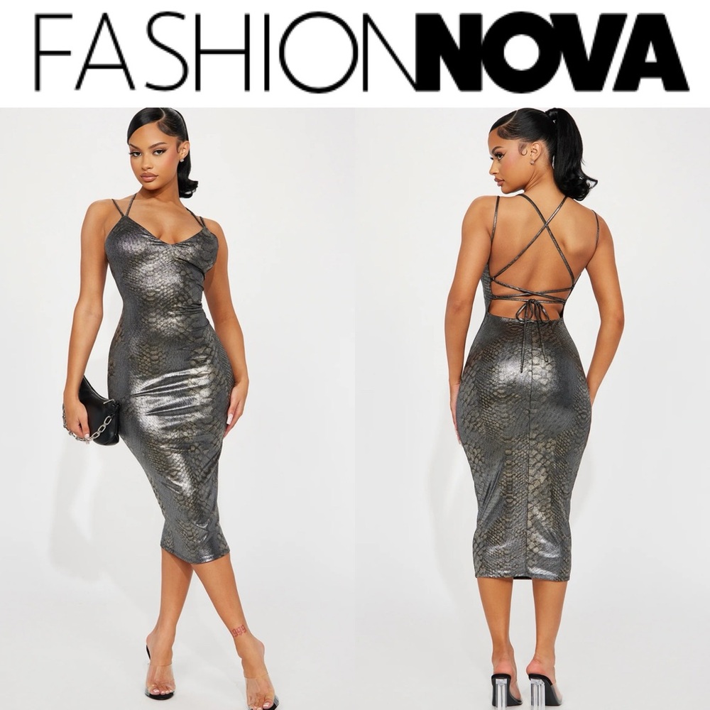 FASHION NOVA BODYCON CHARCOAL SNAKESKIN SLEEVELESS CROSS BACK MIDI DRESS **NWT**